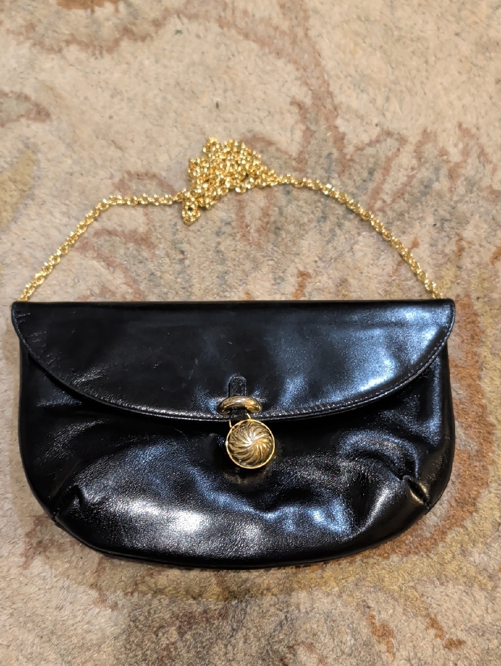 Rodo Vintage Italy Classic Black Leather Clutch with Gold Crossbody Chain